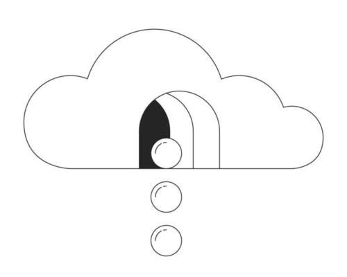 Spheres dropping from surreal cloud flat monochrome isolated conceptual clipart. Balls falling. Editable black and white line vector object. Simple outline spot illustration for web graphic design