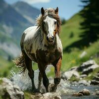 un salvaje caballo corriendo en el arroyo. salvaje o granja animales concepto por ai generado foto