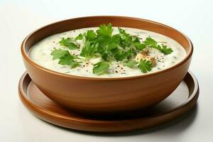 A delicious chicken soup food with vegetables in a bowl. Winter food and high protein soup meal concept by AI Generated photo