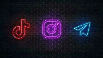 Social media glowing neon icon set. Telegram, instagram, tiktok sign. Vector illustration