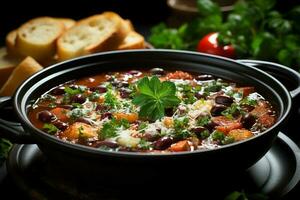 A delicious minestrone soup food in a bowl. Italian food and healthy protein soup meal concept by AI Generated photo