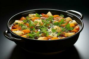 A delicious minestrone soup food in a bowl. Italian food and healthy protein soup meal concept by AI Generated photo