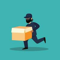 Thief carrying stolen box flat style simple vector illustration, A masked Robber running with stolen goods flat style stock vector image