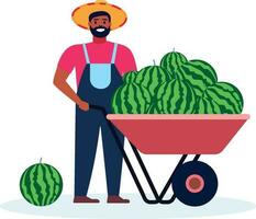 Mexican farmer with a wheelbarrow full of watermelon flat style vector illustration, Mexican farmer with fruit crop , harvest stock vector image