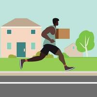 Poach pirate running with a box through a quiet suburban neighborhood Package theft flat style stock vector image