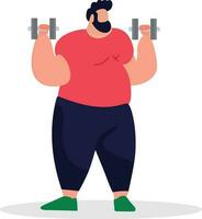 Plus size man working out with dumbbells flat style vector illustration, huge fat man working out burning calories with dumbbell exercise stock vector image