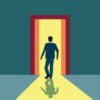 Man walking into light through a door, courage concept flat style vector illustration, Man walking out of a room , Man walking out through a door flat style stock vector image