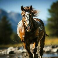 un salvaje caballo corriendo en el arroyo. salvaje o granja animales concepto por ai generado foto