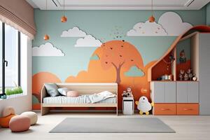 moderno niño dormitorio interior diseño en casa con decoración niños. vistoso niños dormitorio concepto por ai generado foto