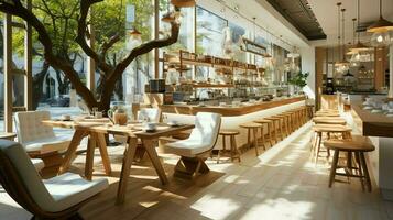 un magnífico restaurante o café tienda con moderno estilo y un de madera. interior de un restaurante concepto por ai generado foto