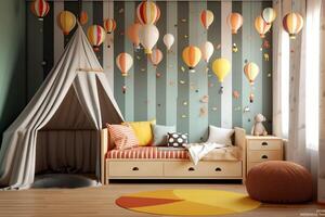 moderno niño dormitorio interior diseño en casa con decoración niños. vistoso niños dormitorio concepto por ai generado foto