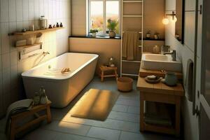 Interior design of a nice modern bathroom. 3D rendering modern toilet or bathroom in hotel or house concept by AI Generated photo