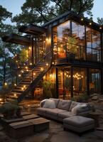 A container home building on a plot of land. 2 storey modern container house, cafe or restaurant concept by AI Generated photo