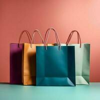 A set of colorful shopping bags with handles. Paper shopping bags close up. Shopping days concept by AI Generated photo