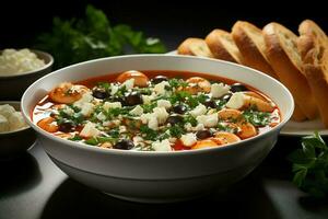 A delicious minestrone soup food in a bowl. Italian food and healthy protein soup meal concept by AI Generated photo