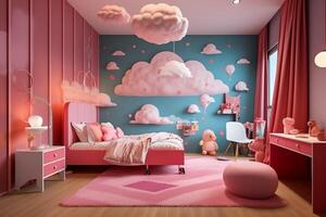 Modern child bedroom interior design in house with decoration children. Colorful children bedroom concept by AI Generated photo