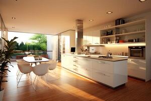 Modern kitchen interior design in apartment or house with furniture. Luxury kitchen home scandinavian concept by AI Generated photo