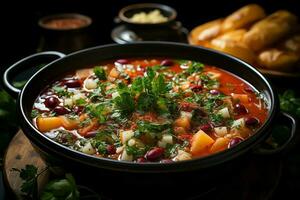 un delicioso Minestrone sopa comida en un bol. italiano comida y sano proteína sopa comida concepto por ai generado foto