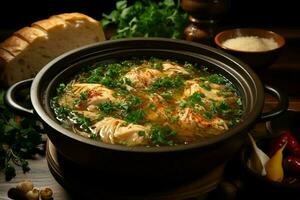 A delicious chicken soup food with vegetables in a bowl. Winter food and high protein soup meal concept by AI Generated photo