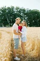 un joven madre, padre y pequeño hijo disfrutar naturaleza juntos en el Fresco aire. un contento familia con un niño camina mediante un trigo campo y disfruta el dulce momentos de su vida foto