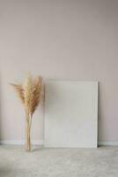 Pampas grass cortaderia in a glass vase and mockup paintings in the interior of a modern house photo