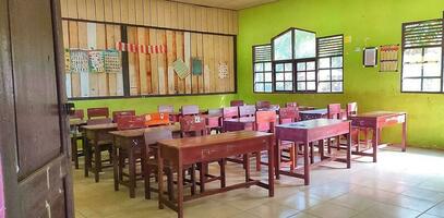 A empty classroom with chairs, desks, and decoration in the village photo