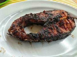 Grilled pangas fish served on the white plate photo