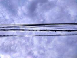 Tangle of wires and cables on clouds background. Messy electricity wires and cables. photo