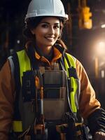 mujer ingeniero trabajando en un construcción sitio, construcción difícil sombrero y trabajo chaleco.generativo ai. foto