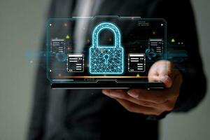 Protection network security safe your data concept. Digital crime by an anonymous hacker. photo