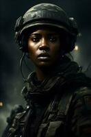 Black woman wearing military uniform including camouflage fatigues and a helmet. Generative AI. photo