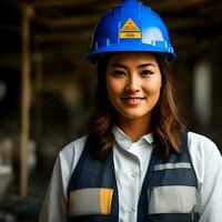 mujer ingeniero trabajando en un construcción sitio, construcción difícil sombrero y trabajo chaleco.generativo ai. foto