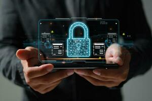 Protection network security safe your data concept. Digital crime by an anonymous hacker. photo