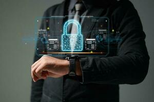 Protection network security safe your data concept. Digital crime by an anonymous hacker. photo