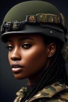 negro mujer vistiendo militar uniforme incluso camuflaje fatigas y un casco. generativo ai. foto