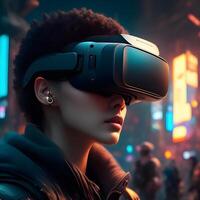 Futuristic Exploration people wear in VR Glasses technology Glimpsing into a Digital cyber space Future World. . photo