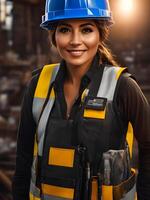 Woman engineer working on a construction site, construction hard hat and work vest.Generative AI. photo