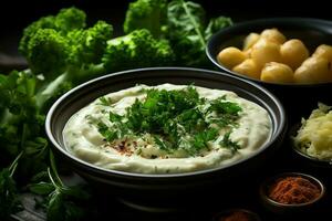 A delicious vegetables soup food in a bowl. Winter food and high protein soup meal concept by AI Generated photo