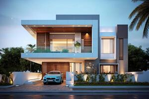 Beautiful modern house exterior with carport. Modern residential district and minimalist building concept by photo