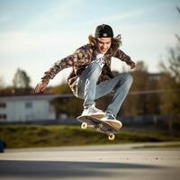 un caucásico hombre haciendo trucos o saltando en un patineta a el calle. joven hombre con patinador saltando concepto por ai generado foto