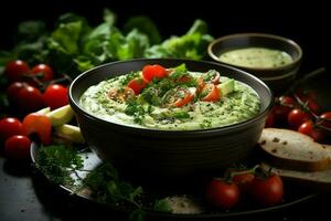 A delicious vegetables soup food in a bowl. Winter food and high protein soup meal concept by AI Generated photo