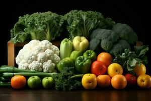 colección mezcla Fresco vegetales y frutas para un ensalada. sano dieta concepto y vegetales comida por ai generado foto