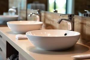 Modern public bathroom with row of white ceramic wash sink basins and faucet with mirror in restroom concept by photo