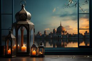 Eid mubarak and ramadan kareem greetings with islamic lantern and mosque. Eid al fitr background. Eid al fitr background of window concept by photo