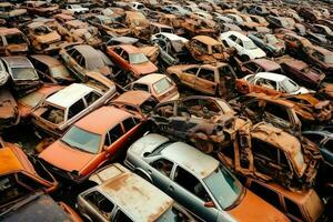 Rusting old junk cars with environment pollution in junkyard for recycling. Abandoned car waste concept by AI Generated photo