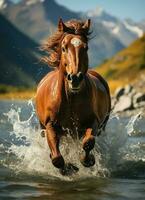 A wild horse running in the creek. Wild or farm animals concept by AI Generated photo