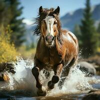 un salvaje caballo corriendo en el arroyo. salvaje o granja animales concepto por ai generado foto