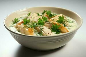 A delicious chicken soup food with vegetables in a bowl. Winter food and high protein soup meal concept by AI Generated photo