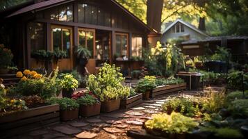 Wooden house in village with plants and flowers in backyard garden. Garden and flower on rural house concept by AI Generated photo