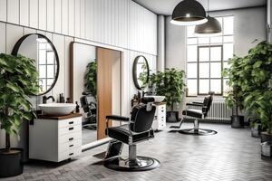 moderno barbería interior con espejos silla y otro equipo cerca ventanas sillas en barbería concepto por ai generado foto